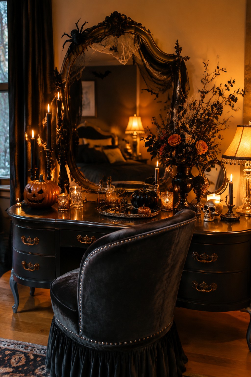 A black vanity table topped with pumpkins, candles, and skulls sits beneath an ornate mirror framed with black spiderwebs and bats.