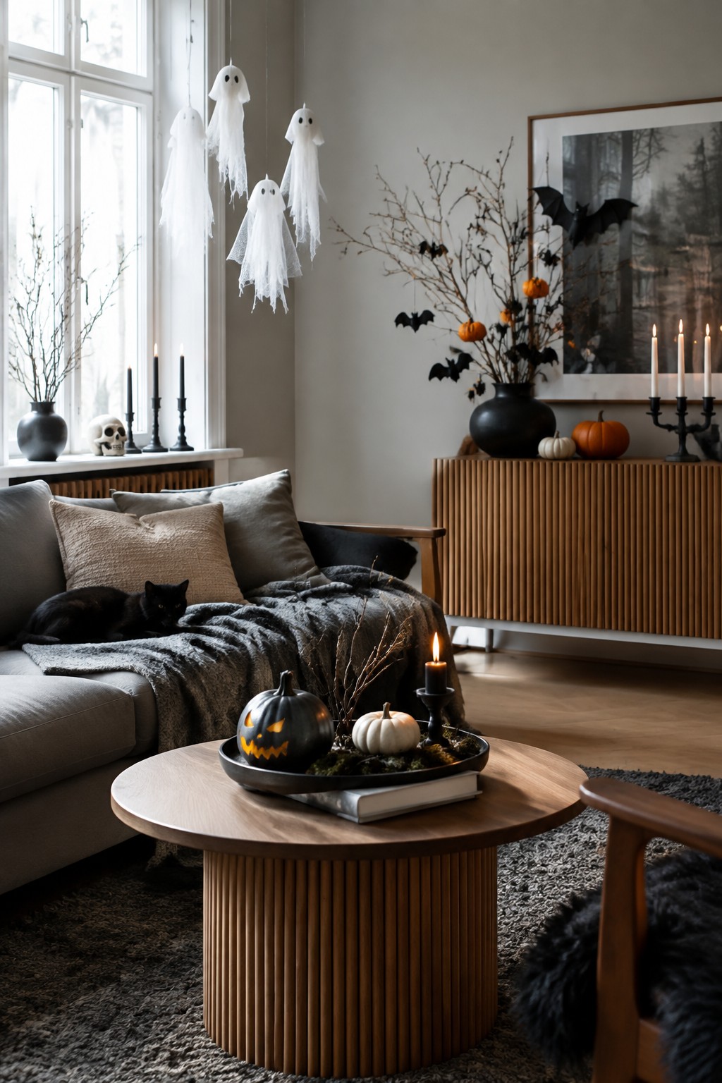 Living room with several white fabric ghosts hanging from the ceiling near a window, black bats on branches, and a carved pumpkin on the coffee table.