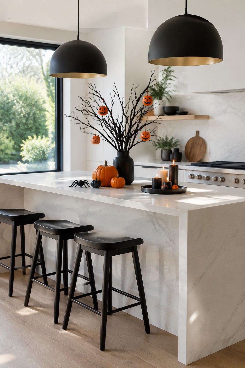 Modern kitchen island with a black vase holding bare branches decorated with hanging mini jack o lantern ornaments, plus small pumpkins and candles on the white marble counter.