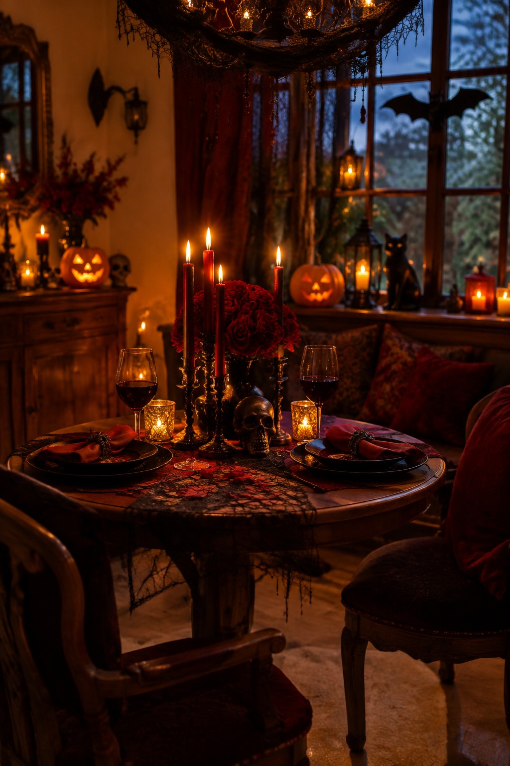 A wooden dining table set for Halloween with skulls, red roses, red candles, black plates, and wine glasses under a chandelier.