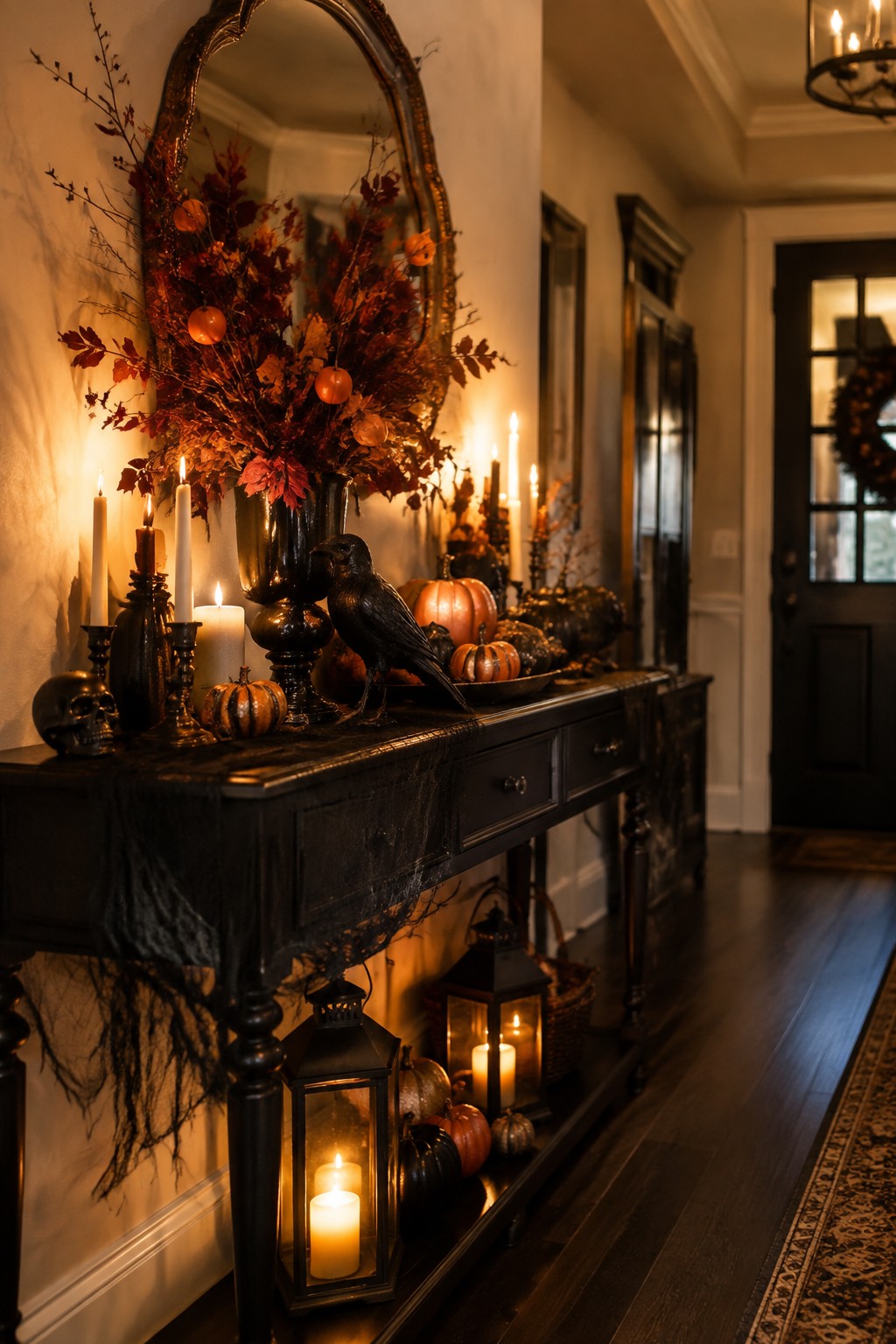 Dark console table with pumpkins, candles, black raven, skull, and autumn foliage under mirror.