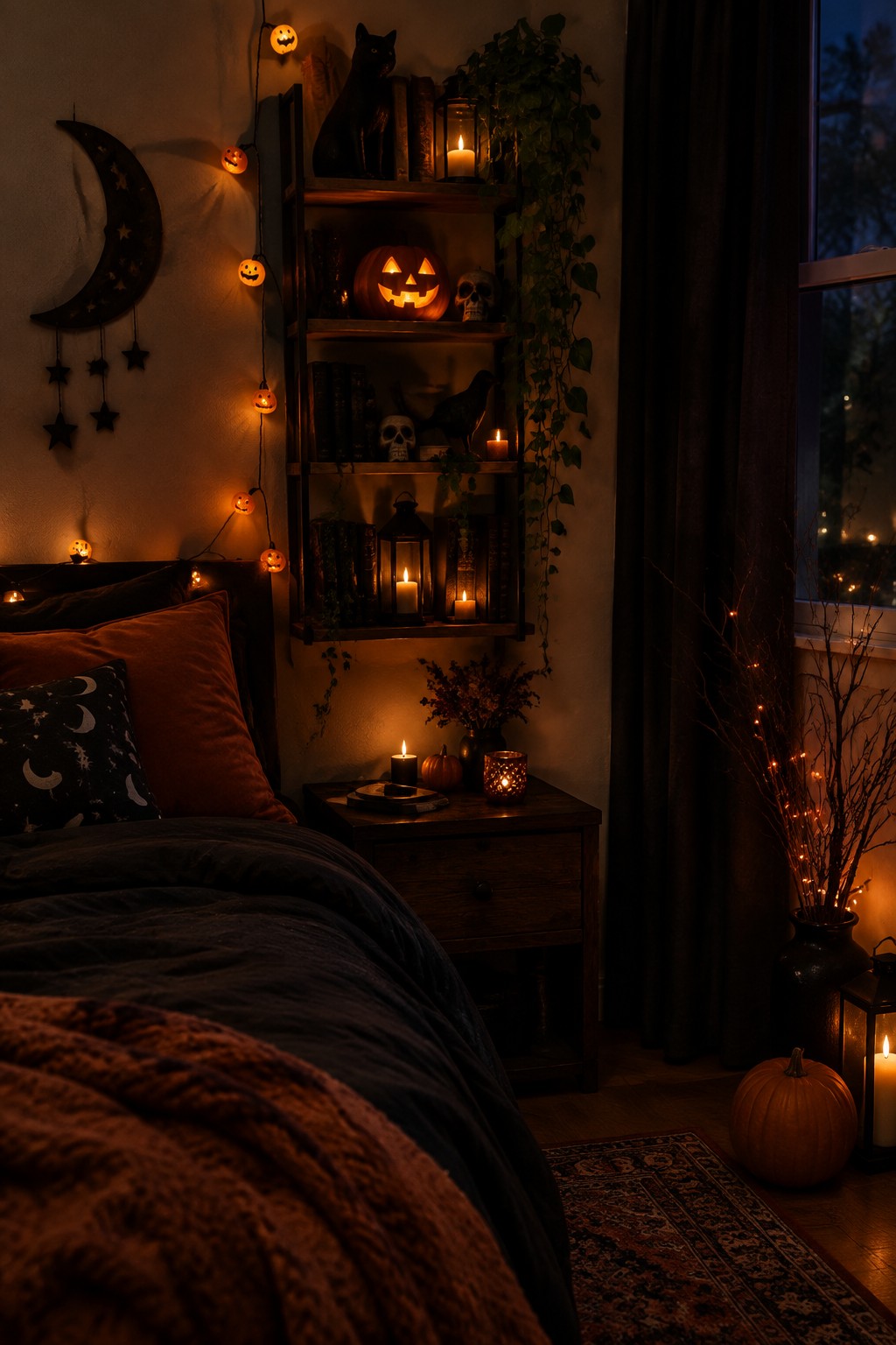 Bedroom with wooden shelves displaying a lit jack-o'-lantern, skulls, a black cat figurine, books, and candles, along with pumpkin string lights on the wall.