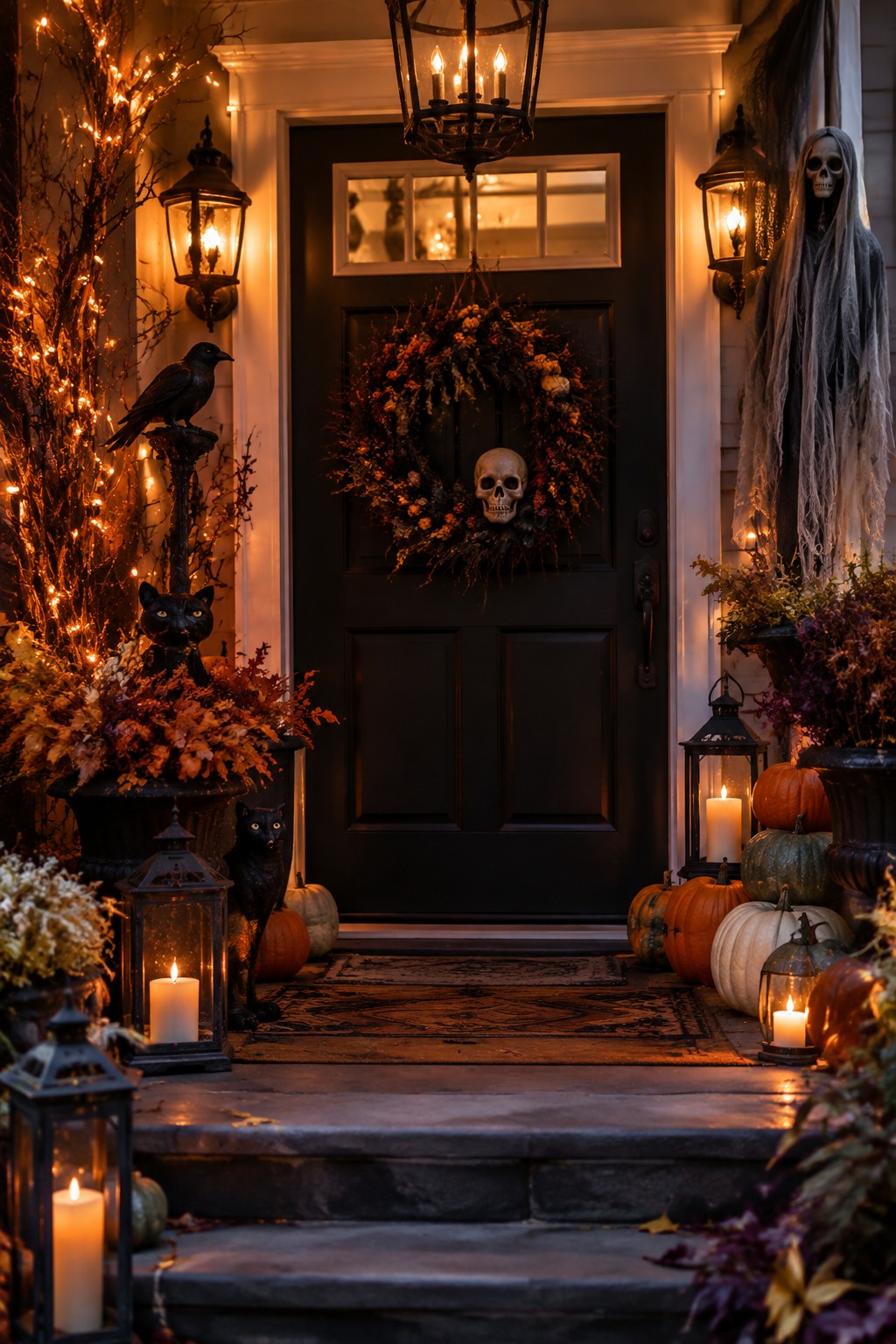 Front porch with a black door, skull wreath, and tall draped skeleton figure standing beside it, along with black cats, lanterns, and pumpkins.