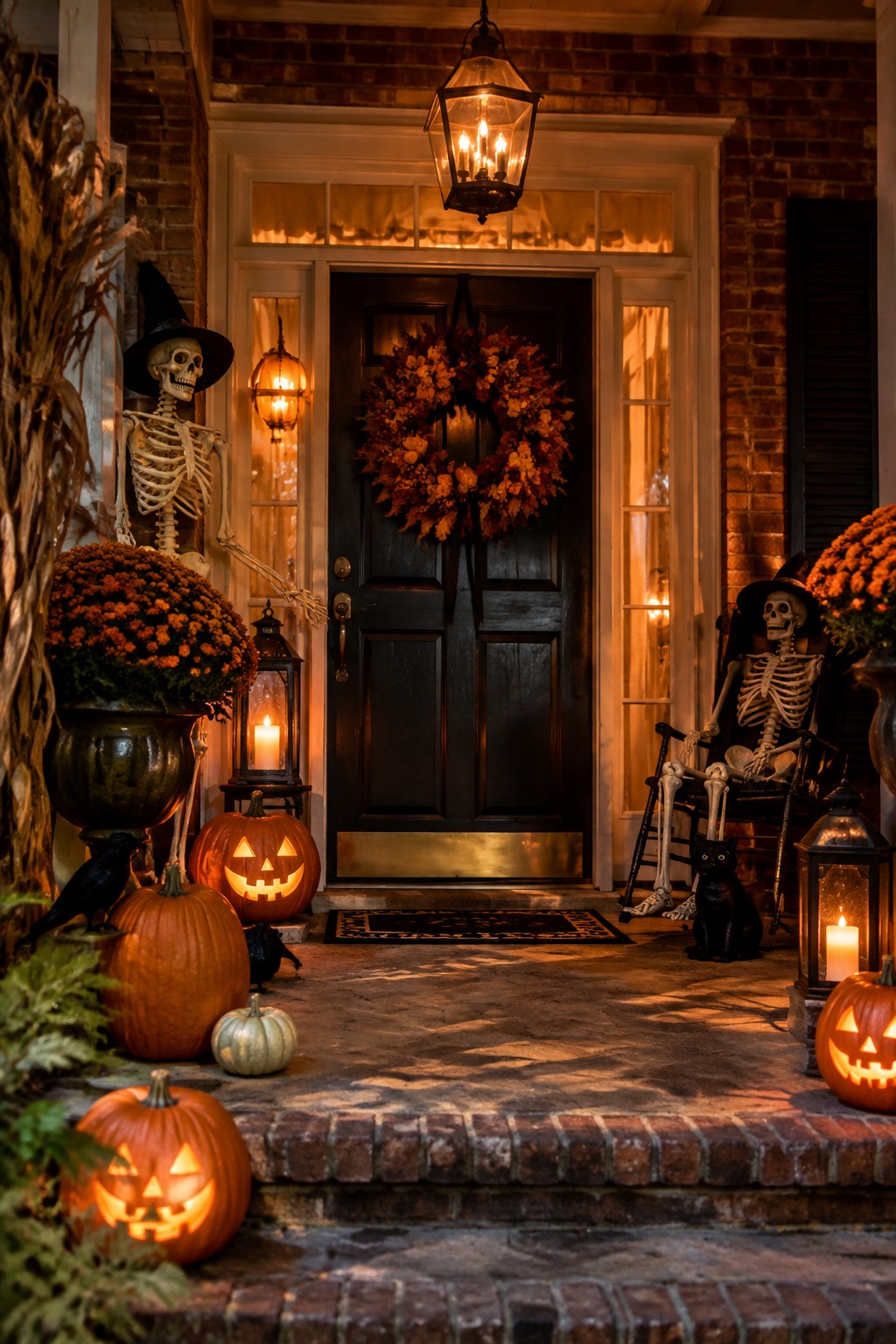 Front porch with two skeletons in witch hats, one standing and one seated in a rocking chair, surrounded by lit jack-o'-lanterns and lanterns.