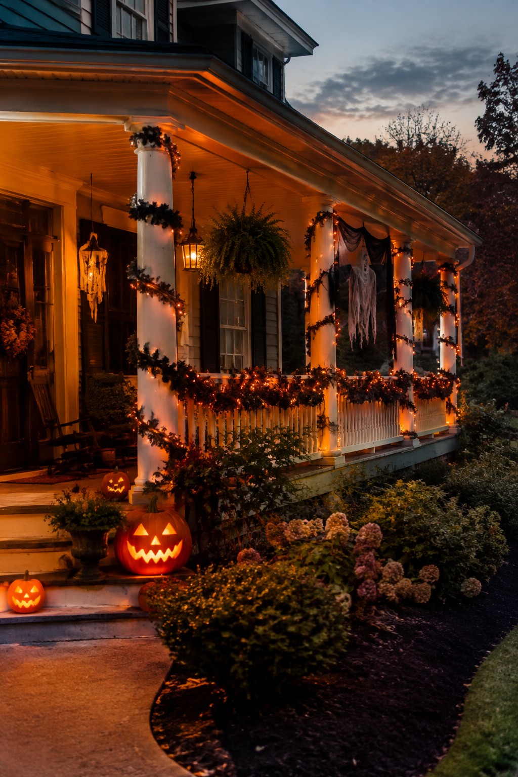 Porch festively lit with string lights, glowing jack-o'-lanterns, and hanging ghosts at dusk.