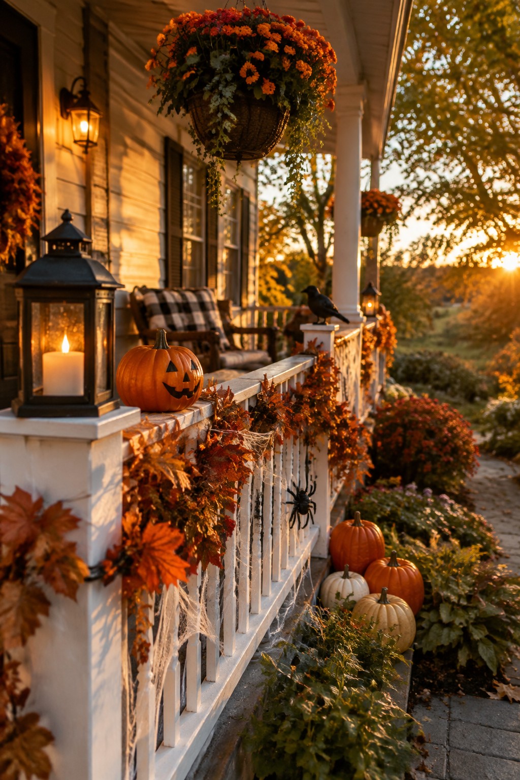 Front porch with carved jack o lanterns, spiderwebs, a large black spider on the railing, and lanterns.