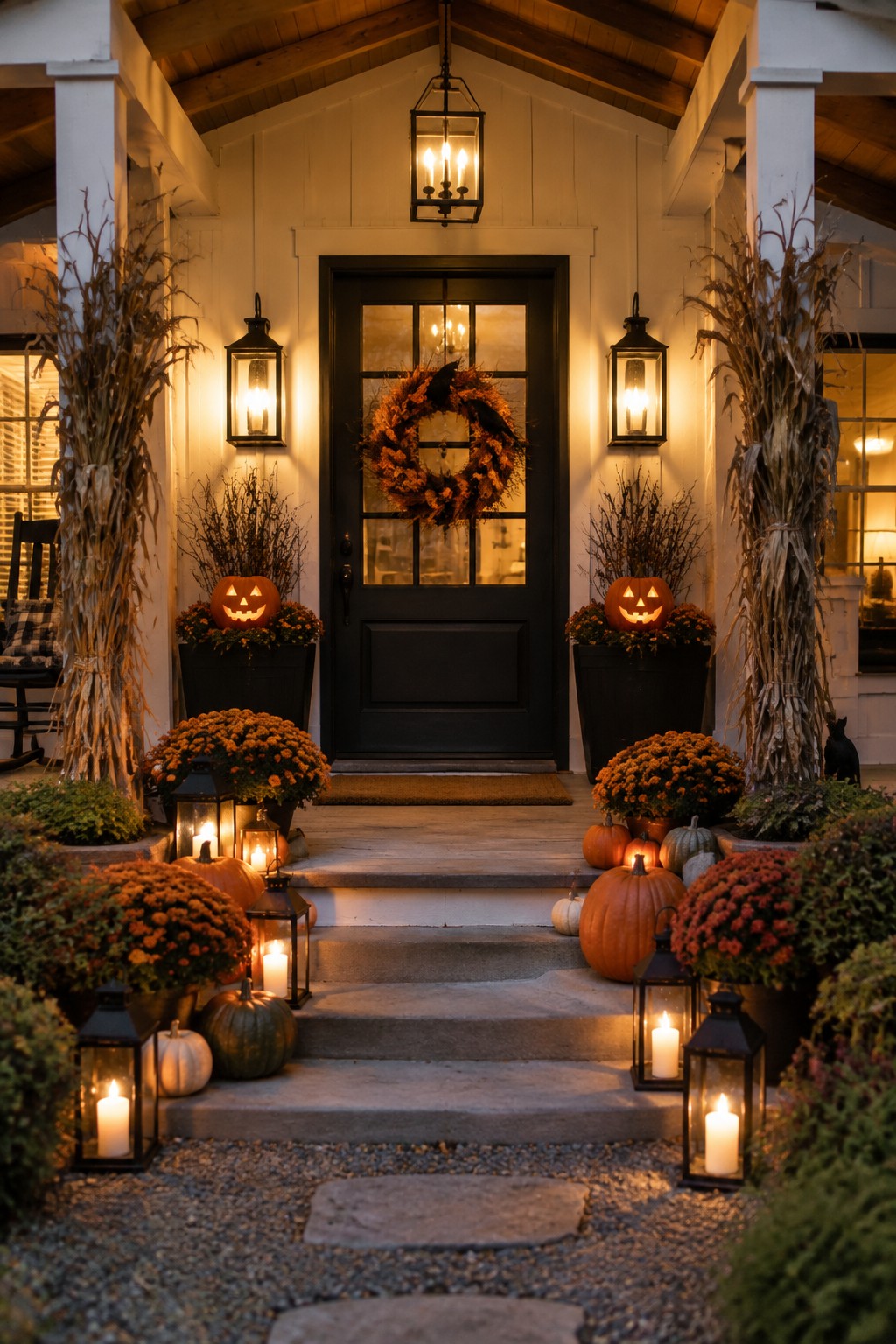 Front porch with carved jack o' lanterns placed on the steps and in black planters beside a black door with an orange wreath.