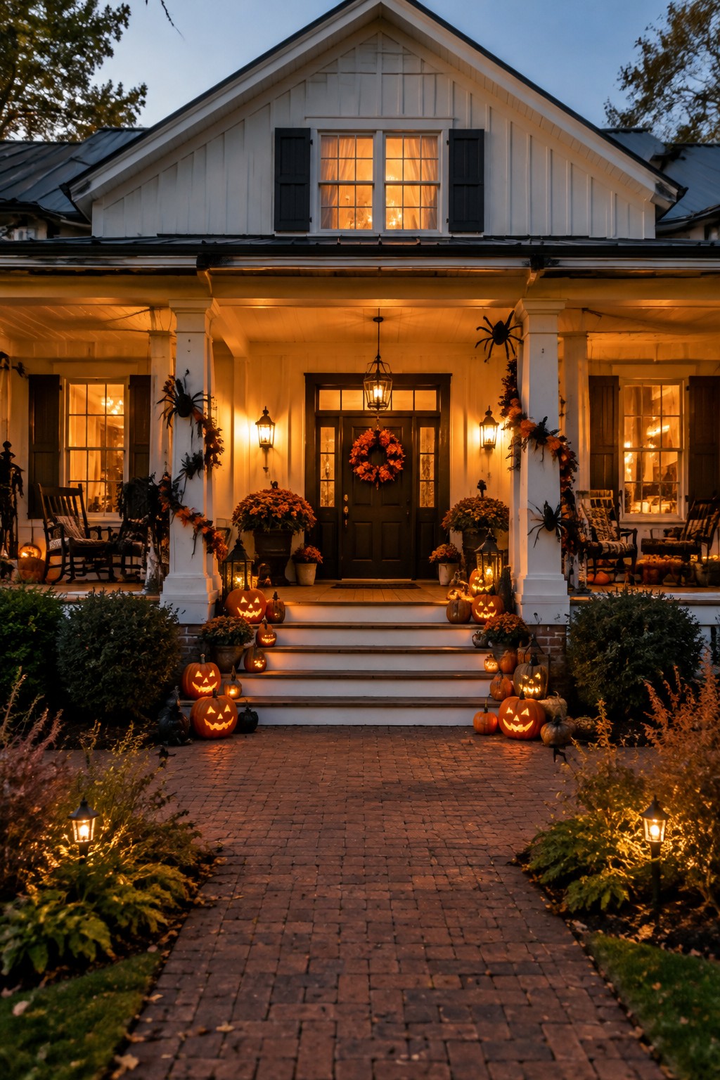 Front porch with multiple carved and lit jack o lanterns arranged on the steps and around the columns.