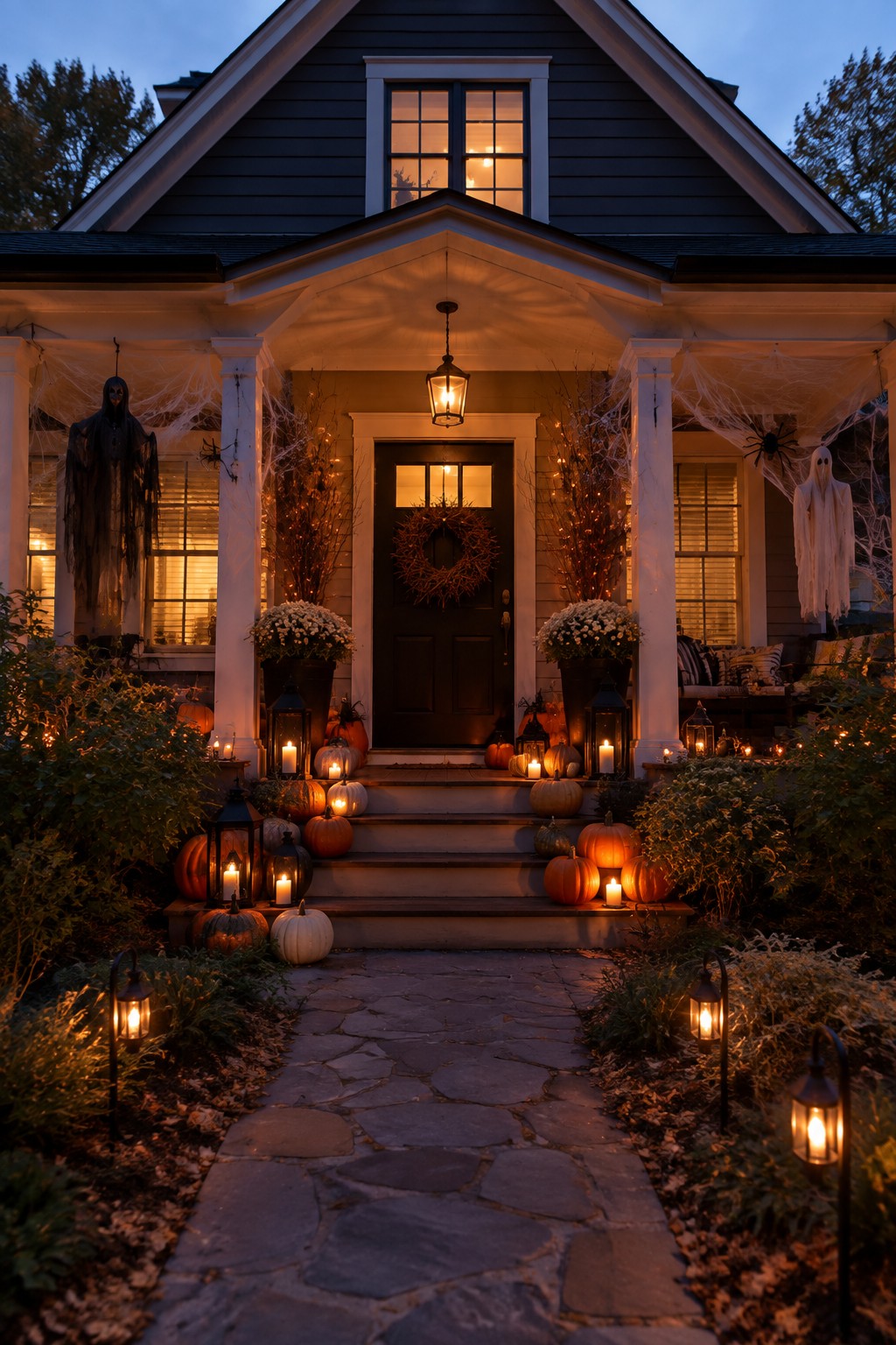 Illuminated Halloween porch with pumpkins, lanterns, and spider webs on stone path