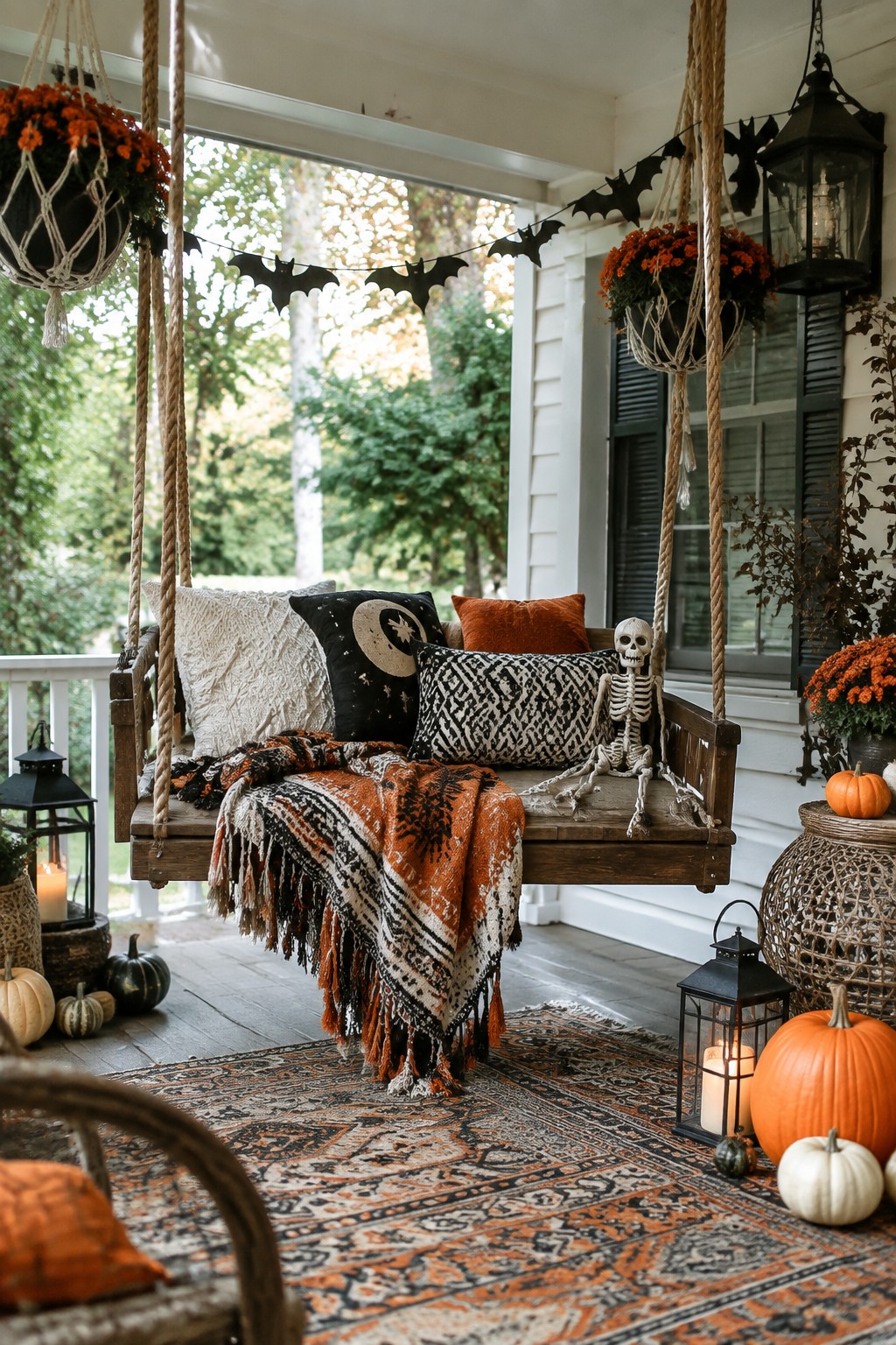 Halloween-decorated wooden porch swing with skeleton, pillows, blanket, pumpkins, and lanterns.