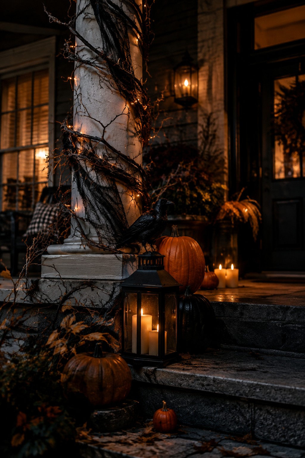 Front porch with a white column wrapped in dark branches and string lights, a black crow perched on a lantern, pumpkins, and candles on the steps.
