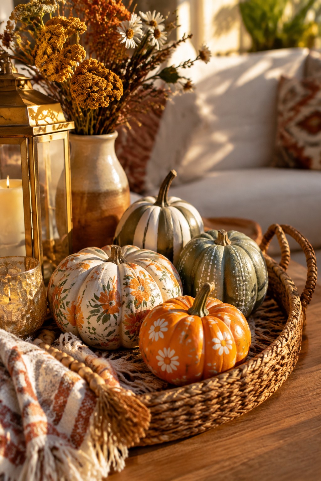 Woven basket on a wooden table filled with mini pumpkins painted in floral and daisy patterns, with a lantern and dried flowers nearby.