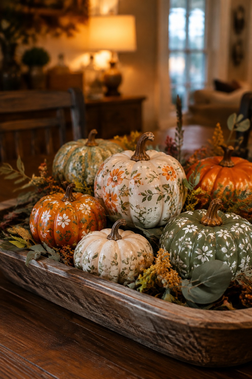 Wooden tray holding six mini pumpkins with painted floral designs in orange, white, and green tones.