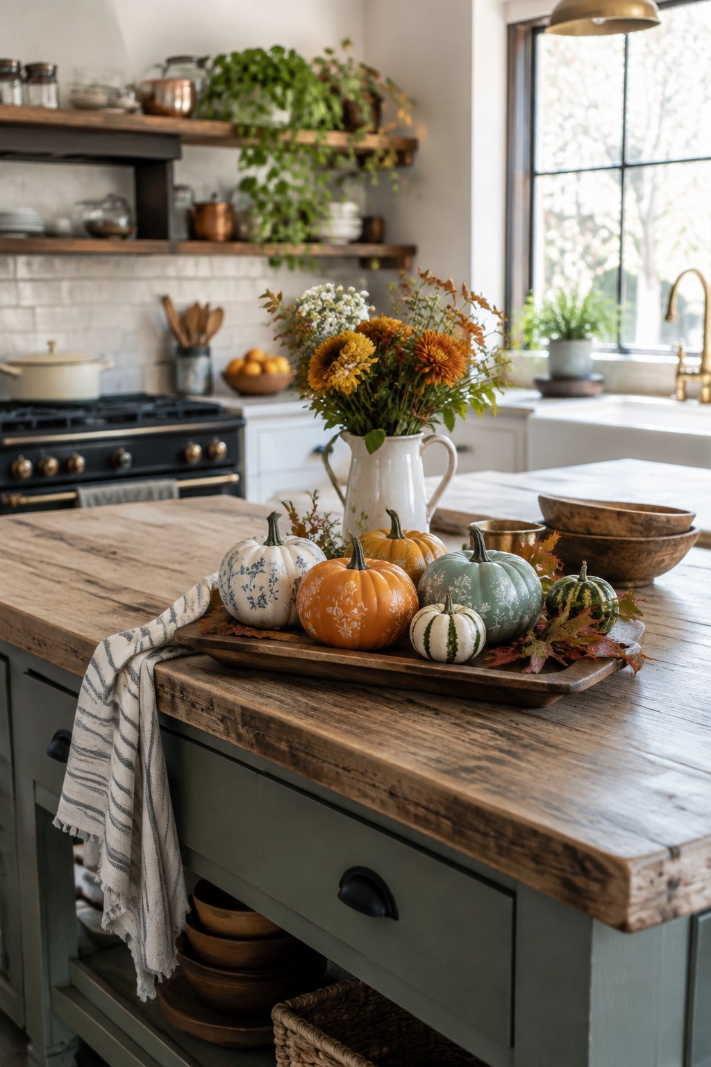 Wooden tray on a kitchen island displaying several mini pumpkins painted with white floral patterns in shades of orange, white, and green.