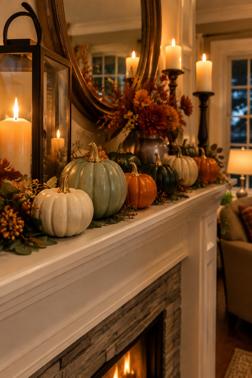 White fireplace mantel lined with painted mini pumpkins in white, sage green, orange, and dark green, along with white pillar candles and autumn flowers.