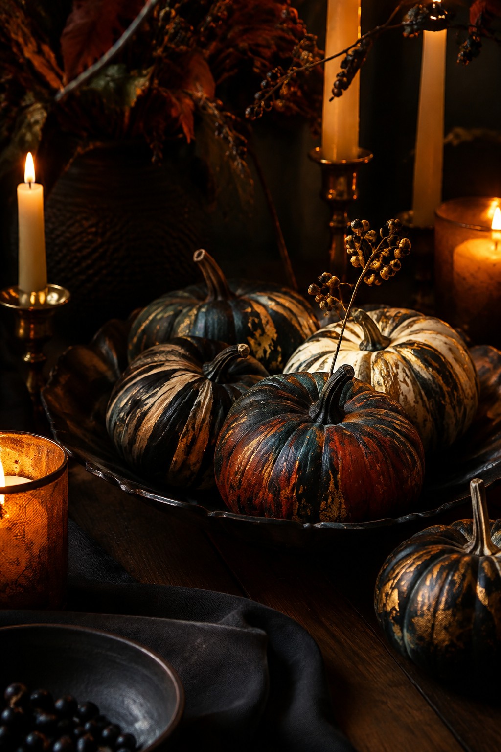 Dark metal tray filled with mini pumpkins painted in streaked metallic finishes, surrounded by lit candles and dark foliage on a wooden table.