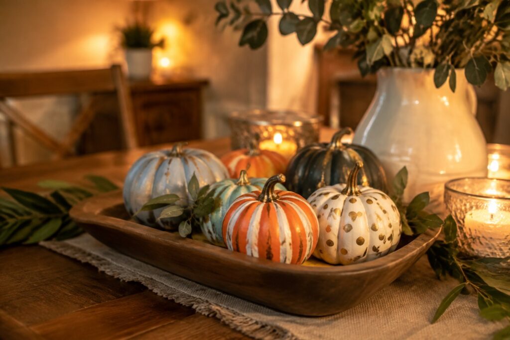 Wooden tray holding six mini pumpkins with painted floral designs in orange, white, and green tones.