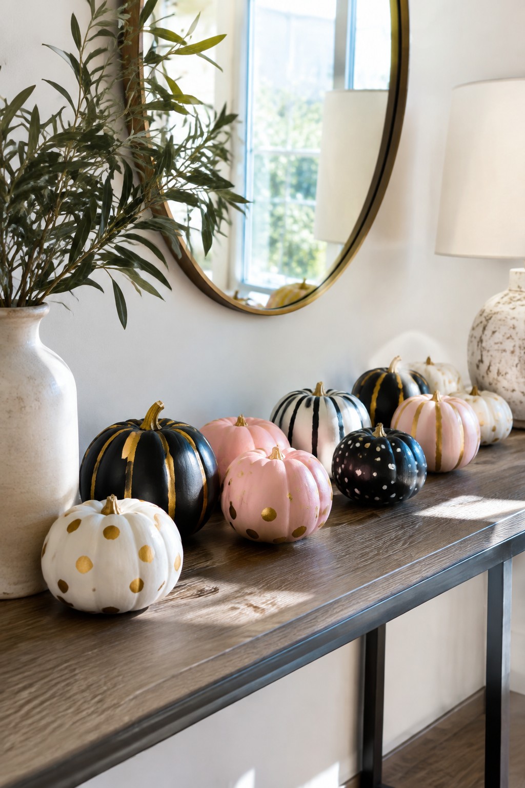 Console table lined with mini pumpkins painted black, pink, and white with gold and white patterns, placed under a round mirror.