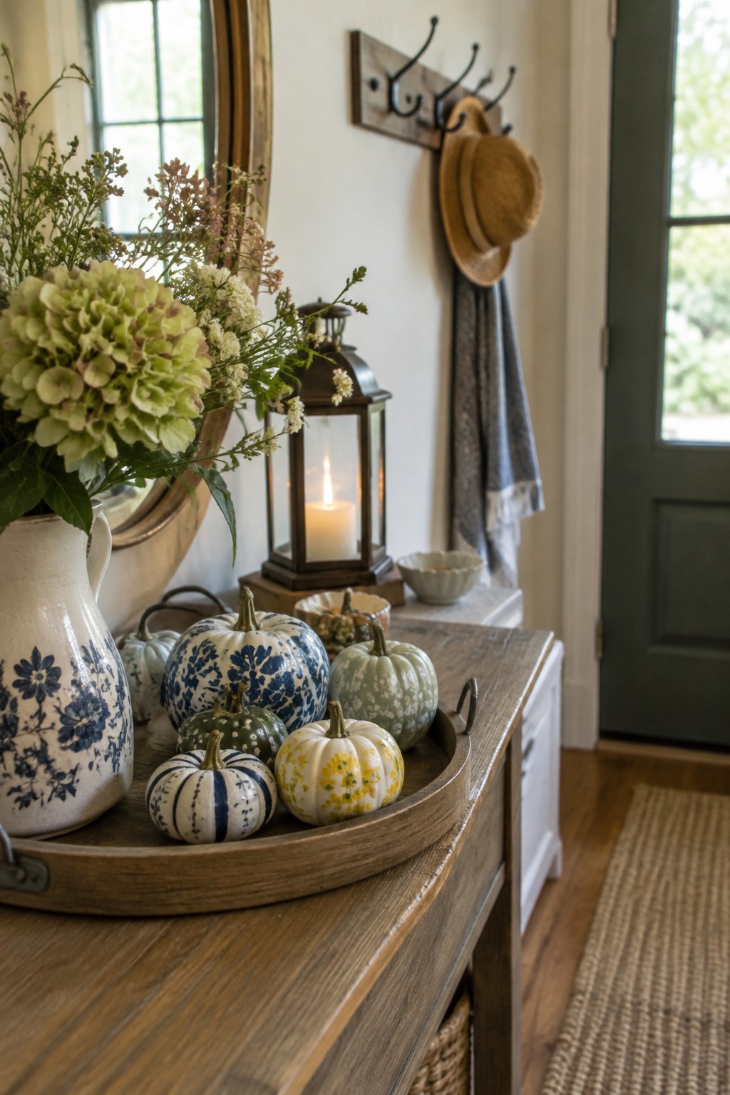 Wooden tray holding several small painted pumpkins with blue, green, and yellow designs on a console table in an entryway.