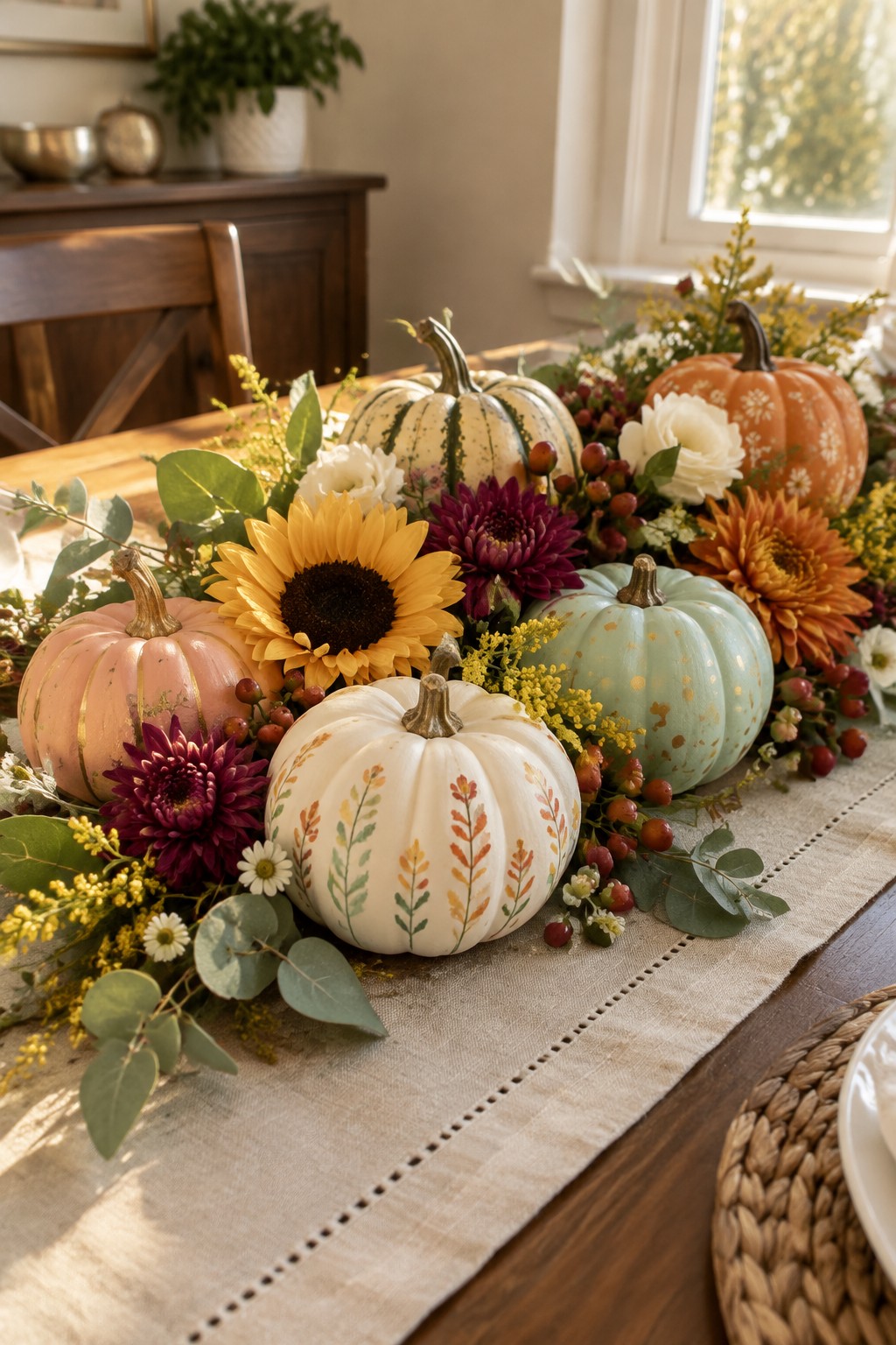 Autumn table with painted pumpkins, sunflowers, and colorful flowers on linen runner