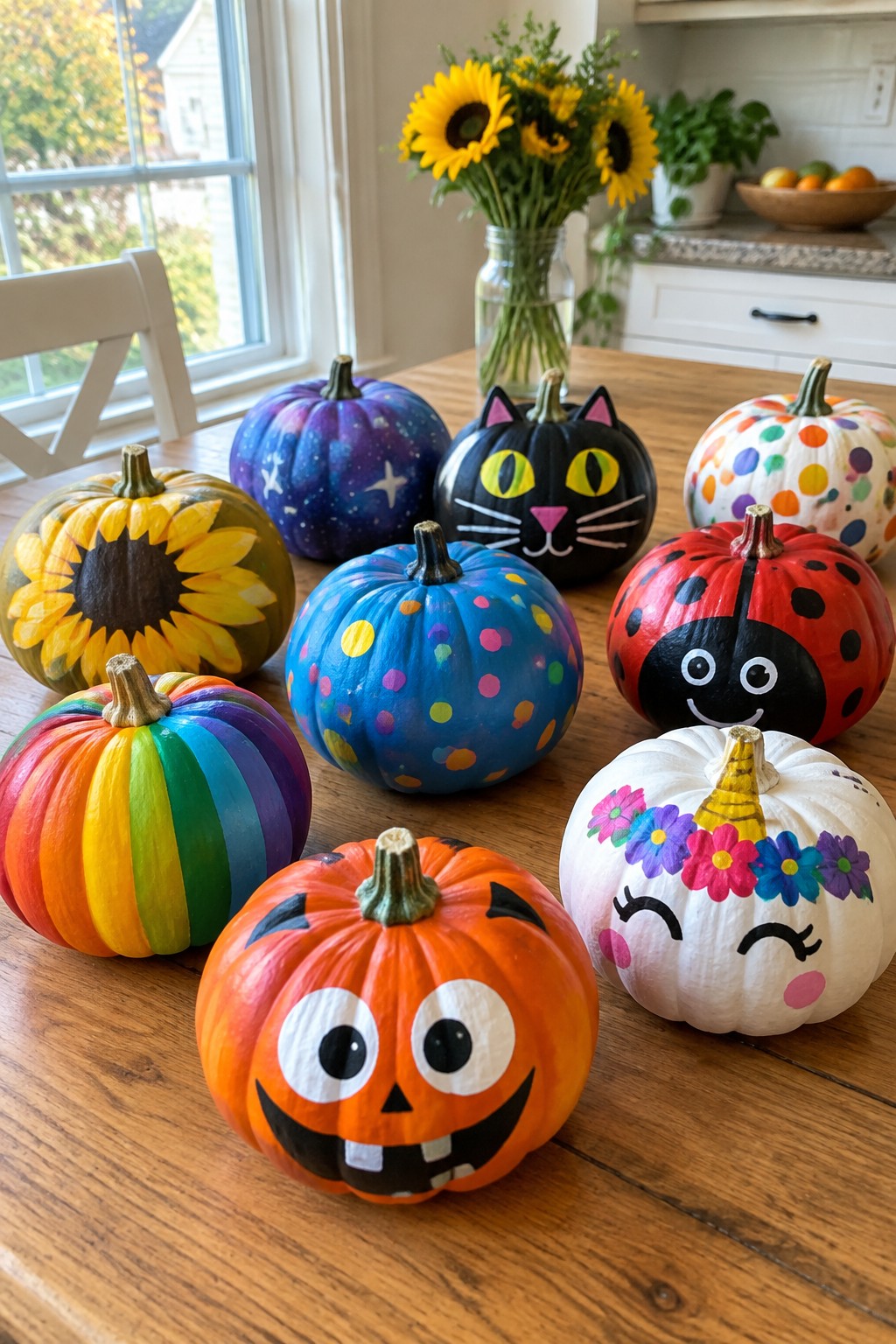 Wooden dining table with several mini pumpkins painted in Halloween designs including a jack-o'-lantern face, black cat, ladybug, unicorn, and rainbow stripes.