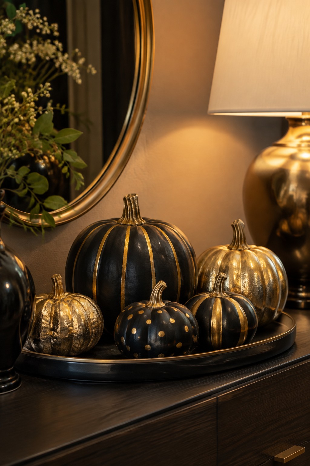 Mini pumpkins painted black with gold stripes and dots, plus solid gold ones, arranged on a dark tray beside a brass lamp and round mirror.