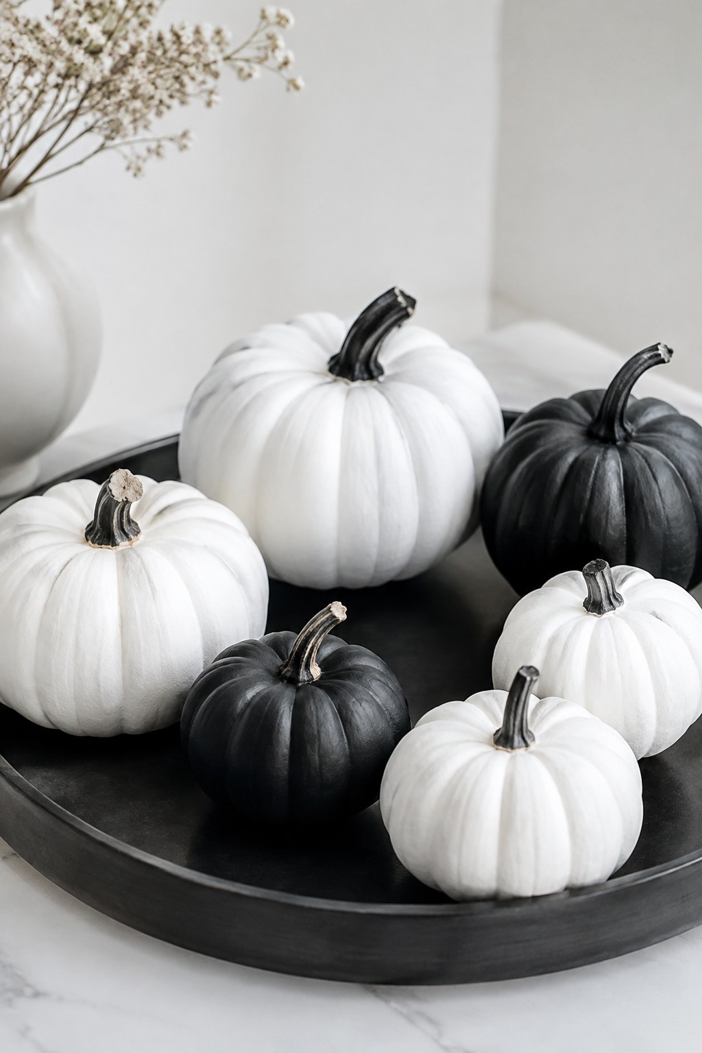 White and black pumpkins on black tray beside white vase with dried flowers.