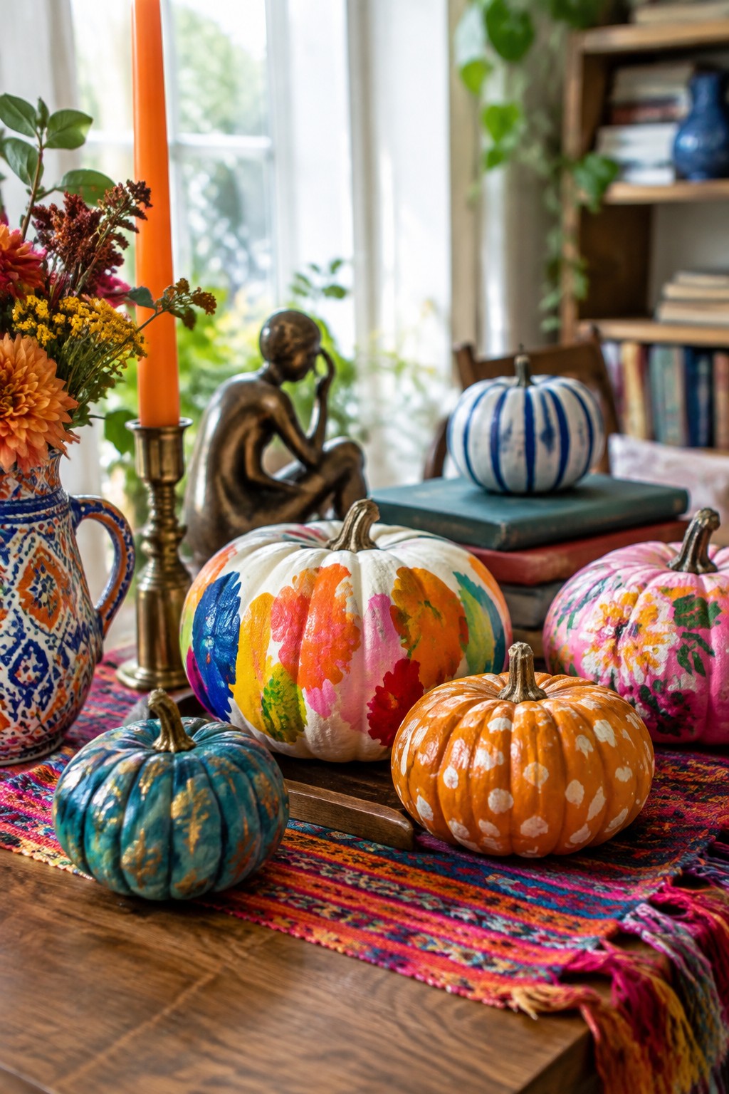 Vibrant painted pumpkins on wooden table with colorful runner, flowers, and bronze statue