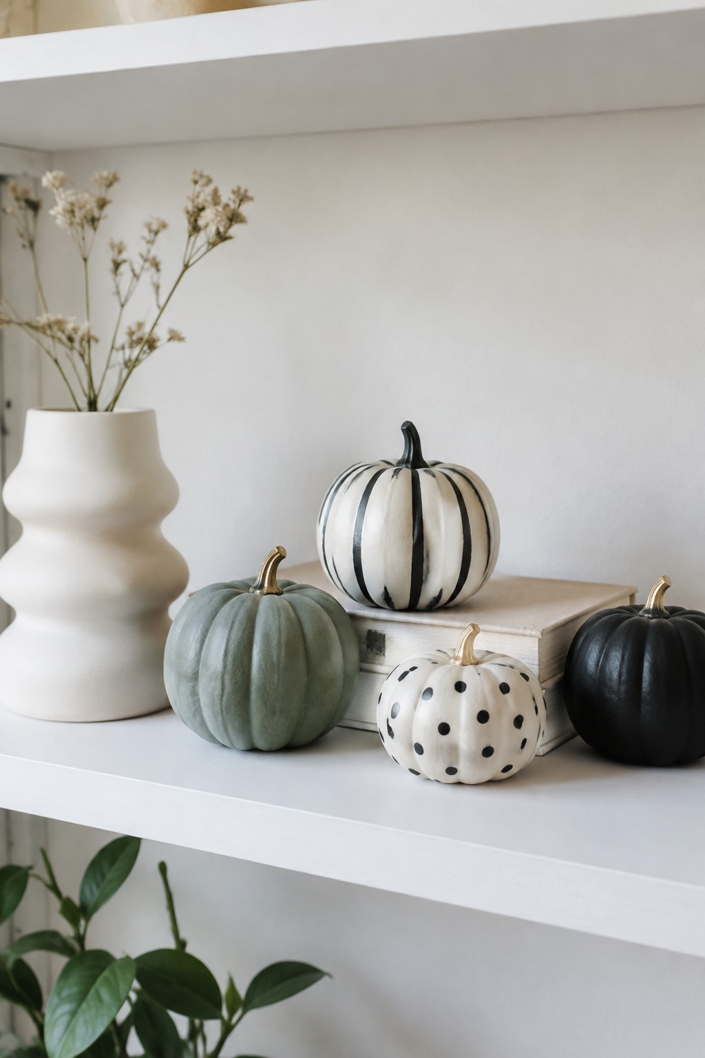 White shelf with several painted mini pumpkins showing stripes, polka dots, and solid colors arranged with a book and a white vase.
