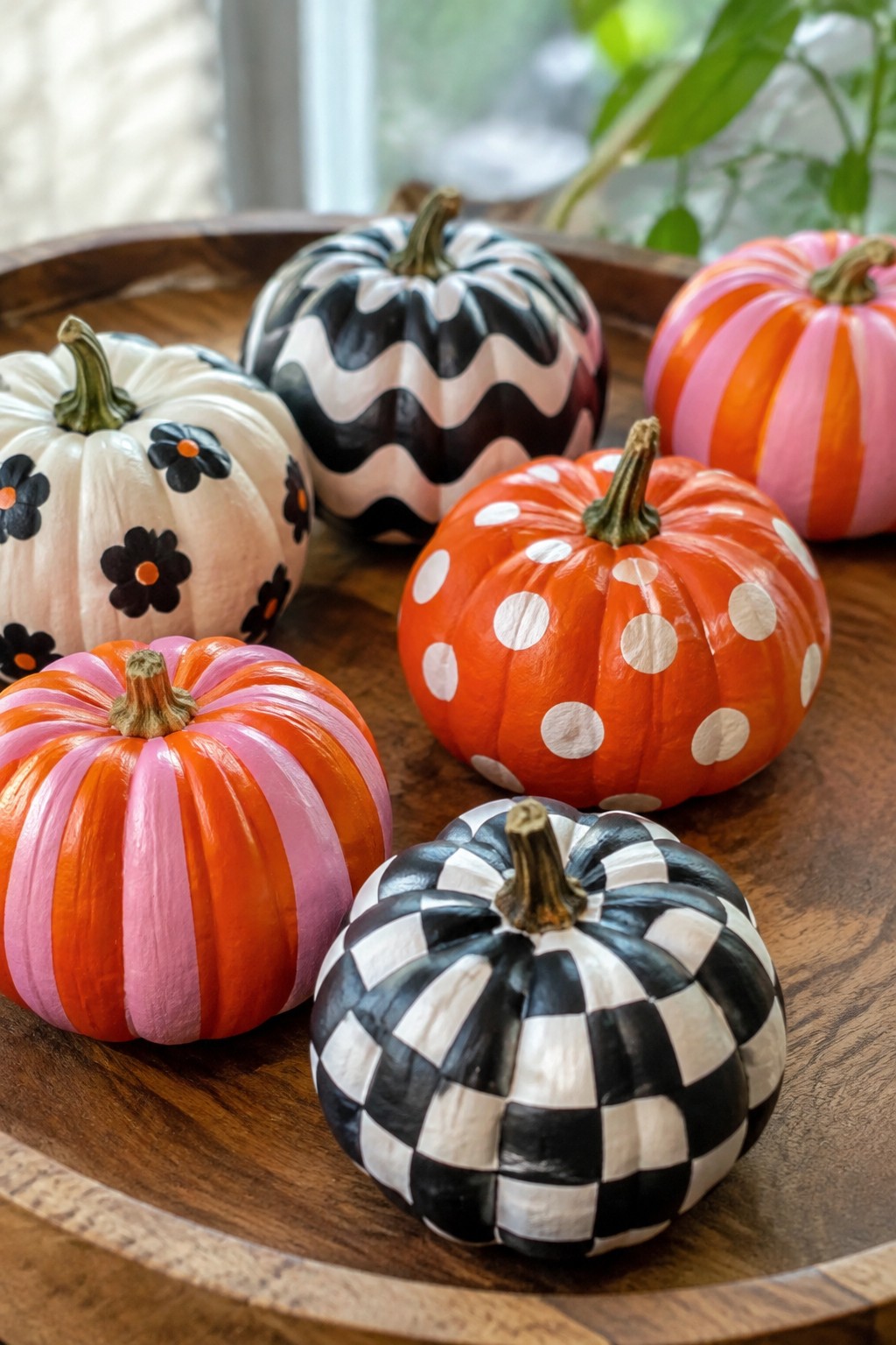 Colorful painted pumpkins with stripes, dots, checks, and flowers on a wooden tray.