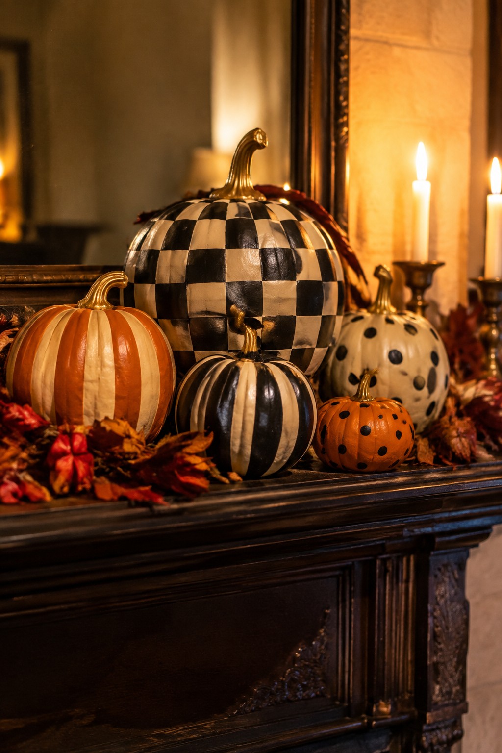 A dark wooden mantel holds several mini pumpkins painted in black and white checkers, orange and white stripes, and black polka dots with two white candles nearby.