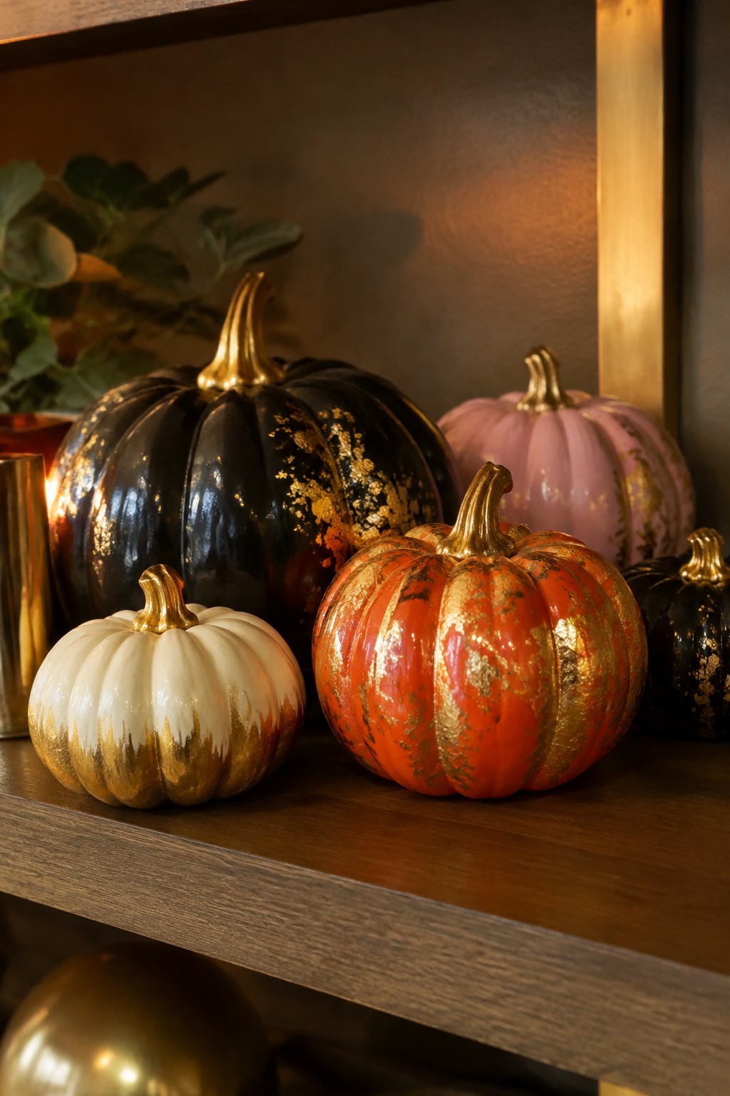 A wooden shelf holds several mini pumpkins painted black, orange, white, and pink with gold foil details and gold stems.