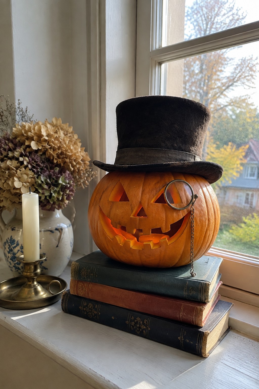 Jack-o'-lantern in top hat and monocle atop old books beside candle and flowers