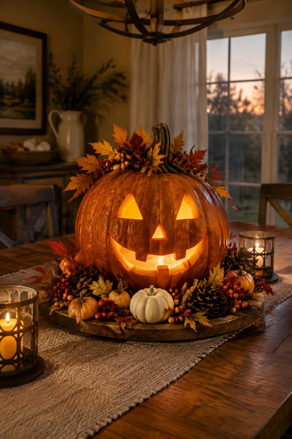 A large carved and lit jack-o’-lantern with a grinning face sits on a wooden tray with small pumpkins and foliage on a dining table.