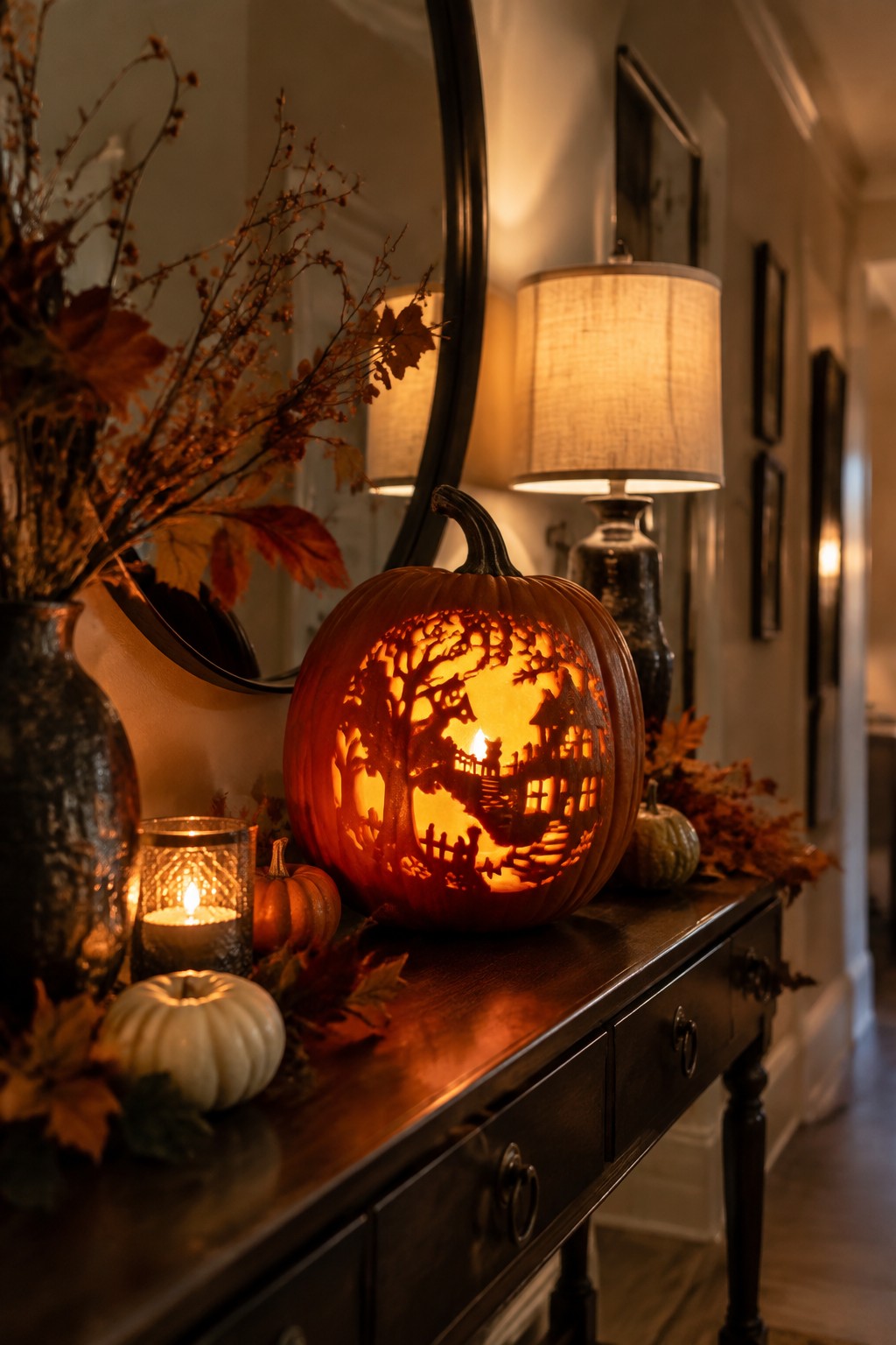 Glowing carved pumpkin with haunted house scene on wooden table amid autumn decor