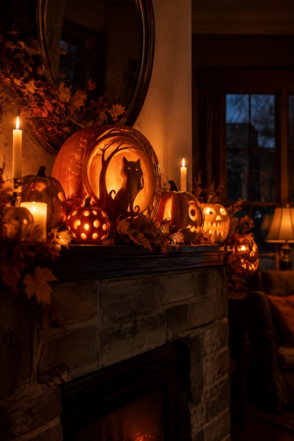 Glowing carved pumpkins with cat design on stone fireplace mantel amid autumn leaves