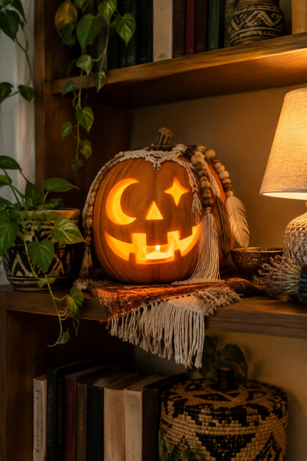Glowing jack-o'-lantern with moon face, macrame beads, and feathers on bookshelf
