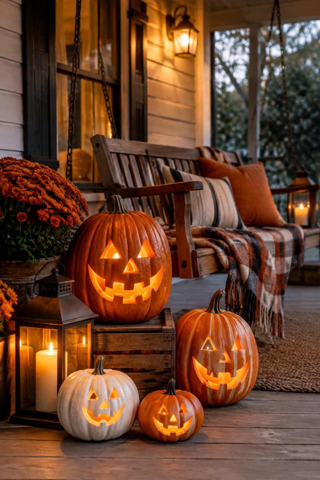 Front porch with multiple lit jack o lanterns of different sizes arranged on the floor and a wooden crate next to a bench.