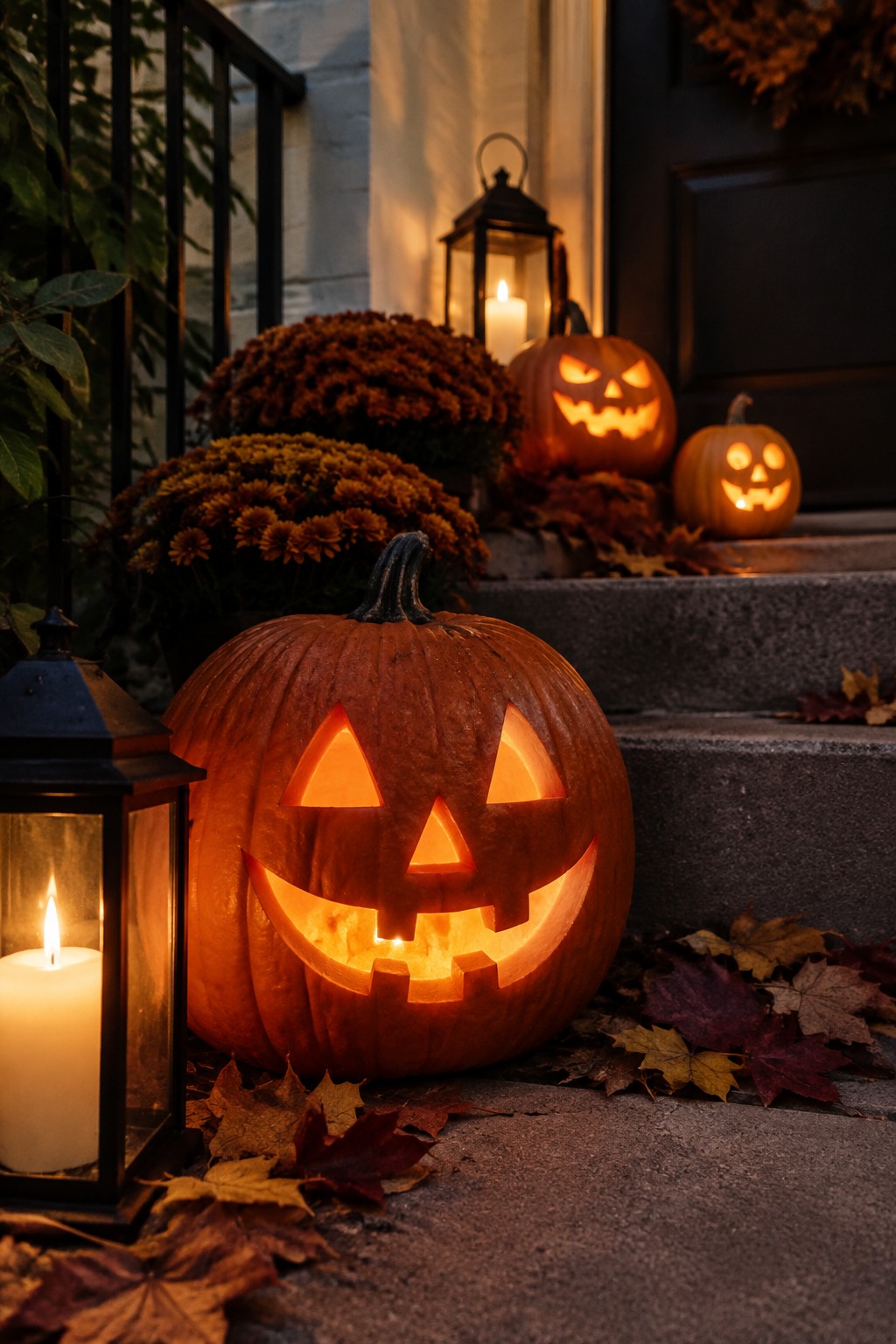 Front steps lined with multiple glowing jack-o'-lanterns of different sizes next to black lanterns and autumn leaves.