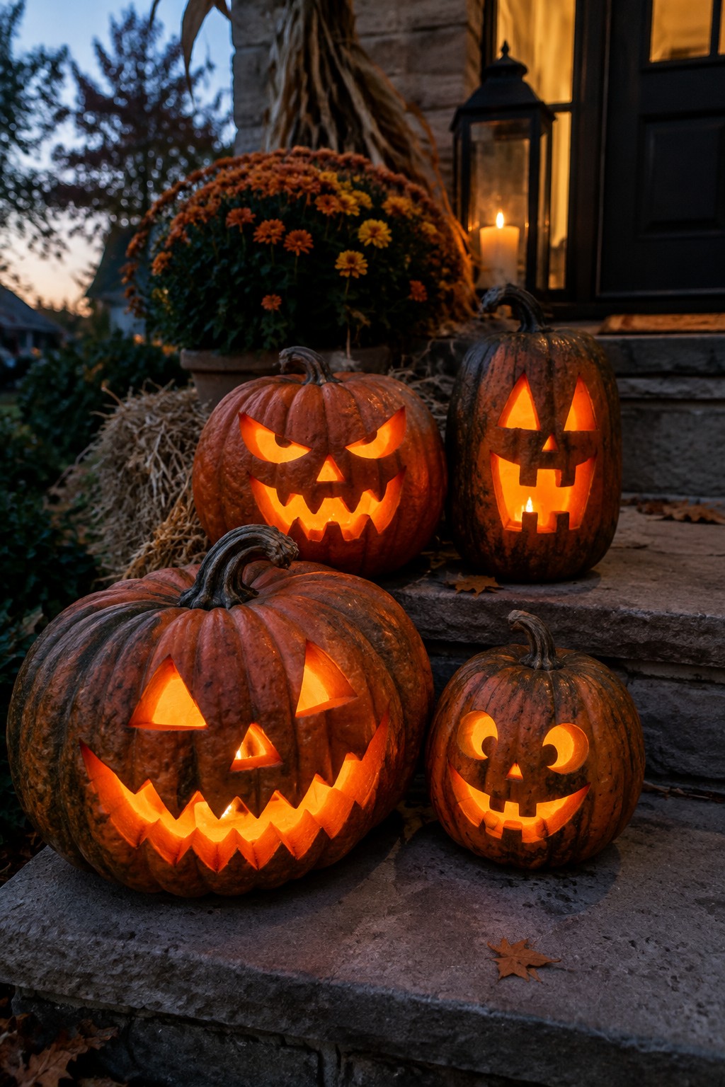 Four carved jack-o'-lanterns with glowing scary faces arranged on the stone steps of a house entrance.