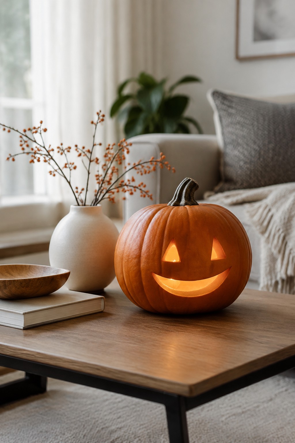 A carved and lit jack-o'-lantern on a wooden coffee table with a white vase holding orange branches.