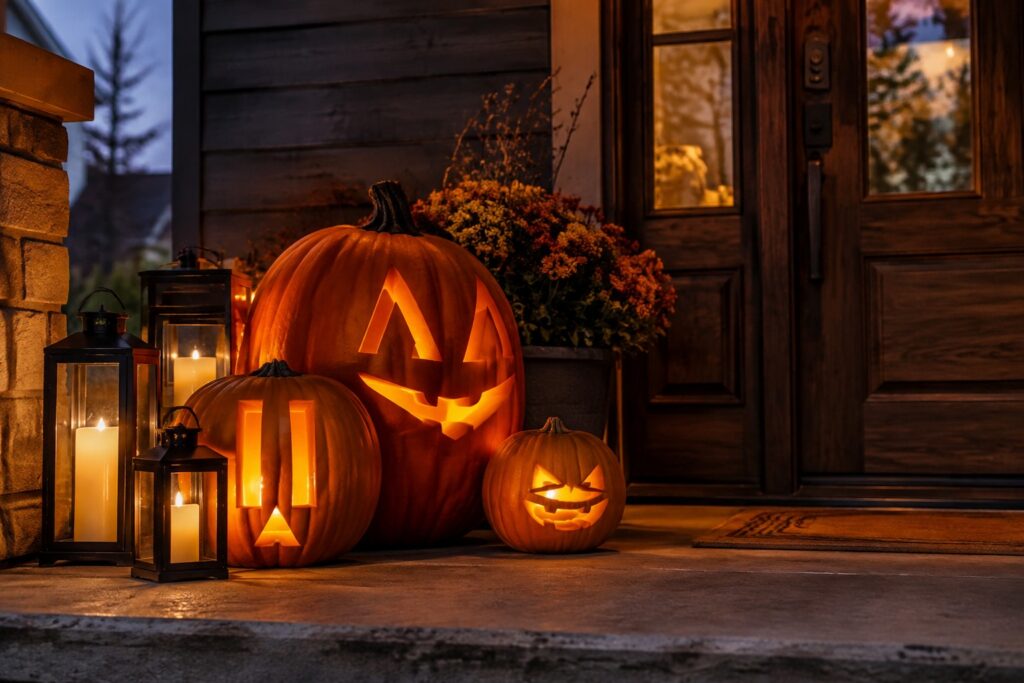 Front porch steps with three carved and lit jack-o'-lanterns of different sizes and expressions arranged on stone steps and a wooden crate.