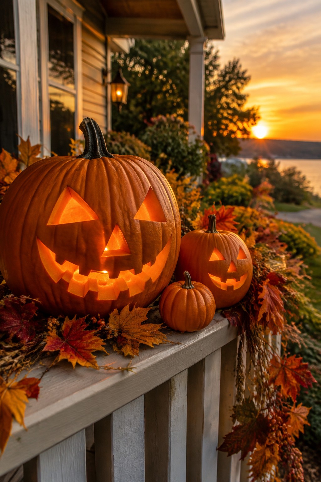 Three glowing jack-o'-lanterns on porch railing amid autumn leaves at sunset.