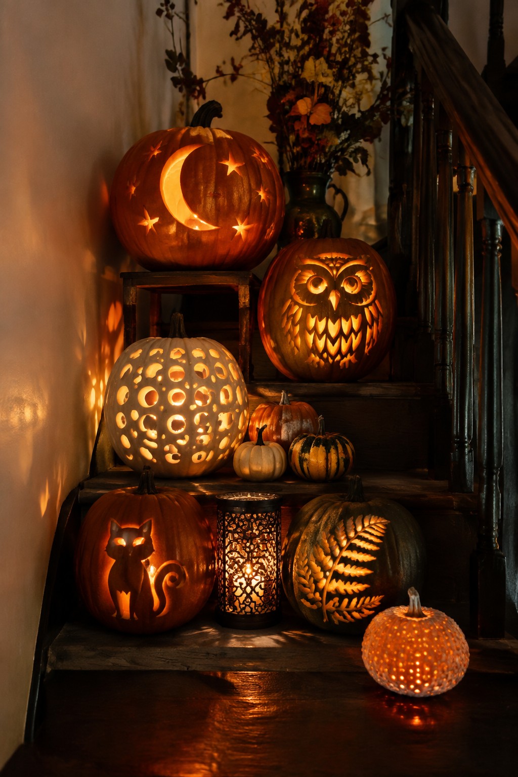 Glowing jack-o'-lanterns with moon, owl, cat, and fern carvings on wooden stairs.