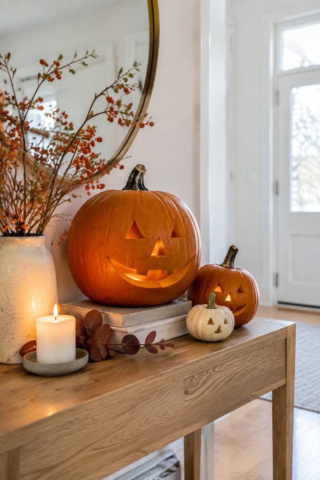 Entryway console table holding three carved jack-o'-lanterns of varying sizes, a lit candle, and a vase of orange branches.