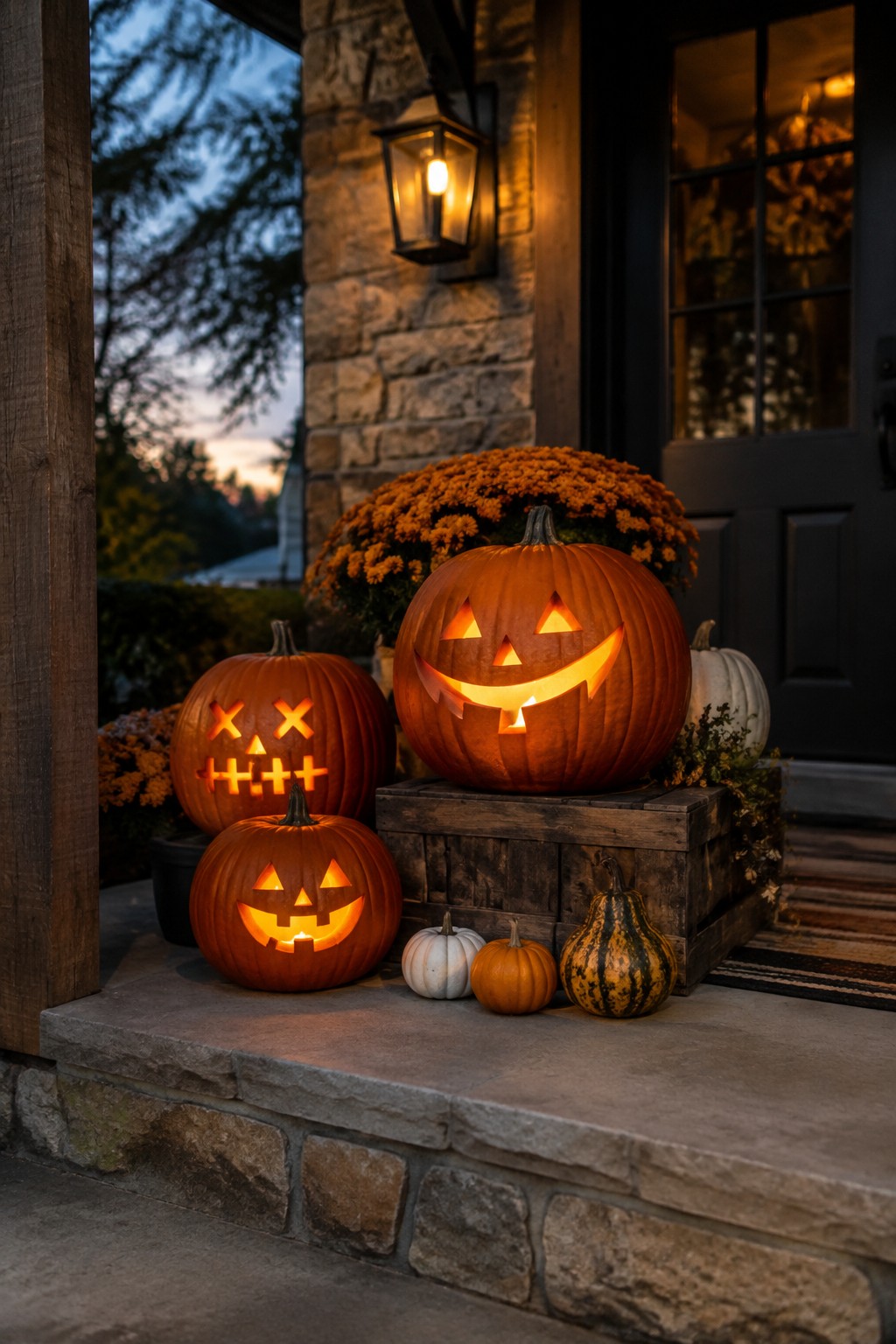 Front porch steps with three carved and lit jack-o'-lanterns of different sizes and expressions arranged on stone steps and a wooden crate.