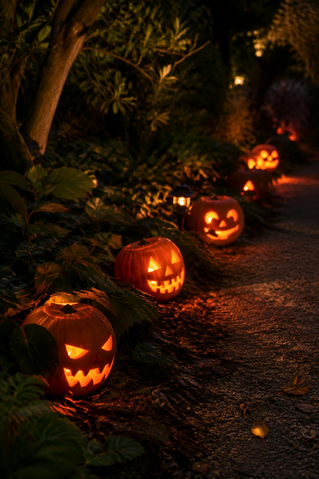 A nighttime garden path lined with multiple carved and lit jack o lanterns placed among green plants and fallen leaves.