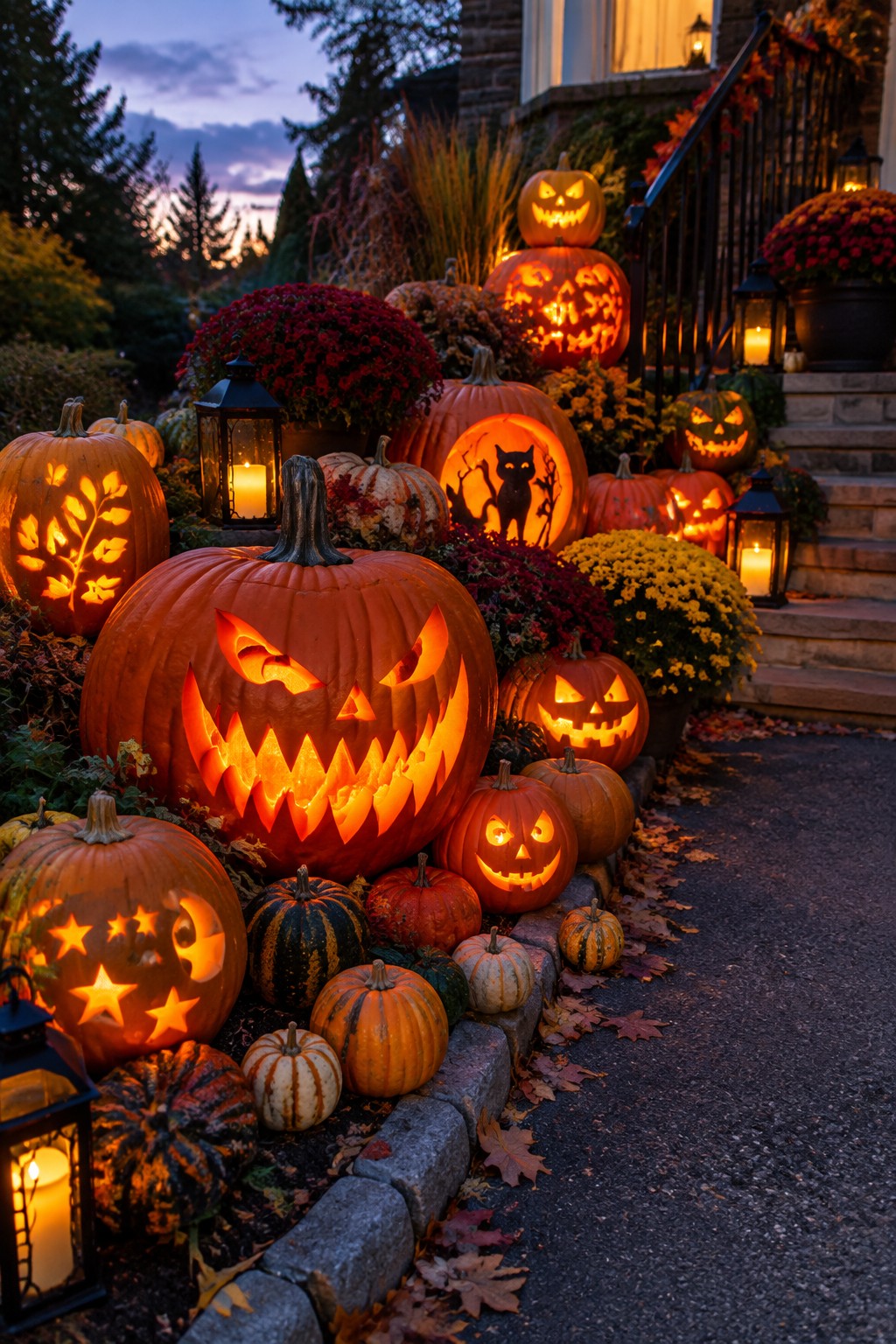 Stone walkway lined with many carved and lit jack-o'-lanterns showing scary faces, placed along the edge and up house steps.