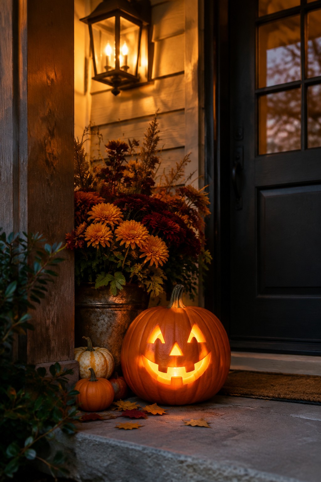A large carved and glowing jack-o'-lantern sits on the front steps beside a metal pot of orange and red flowers, with several smaller pumpkins nearby.