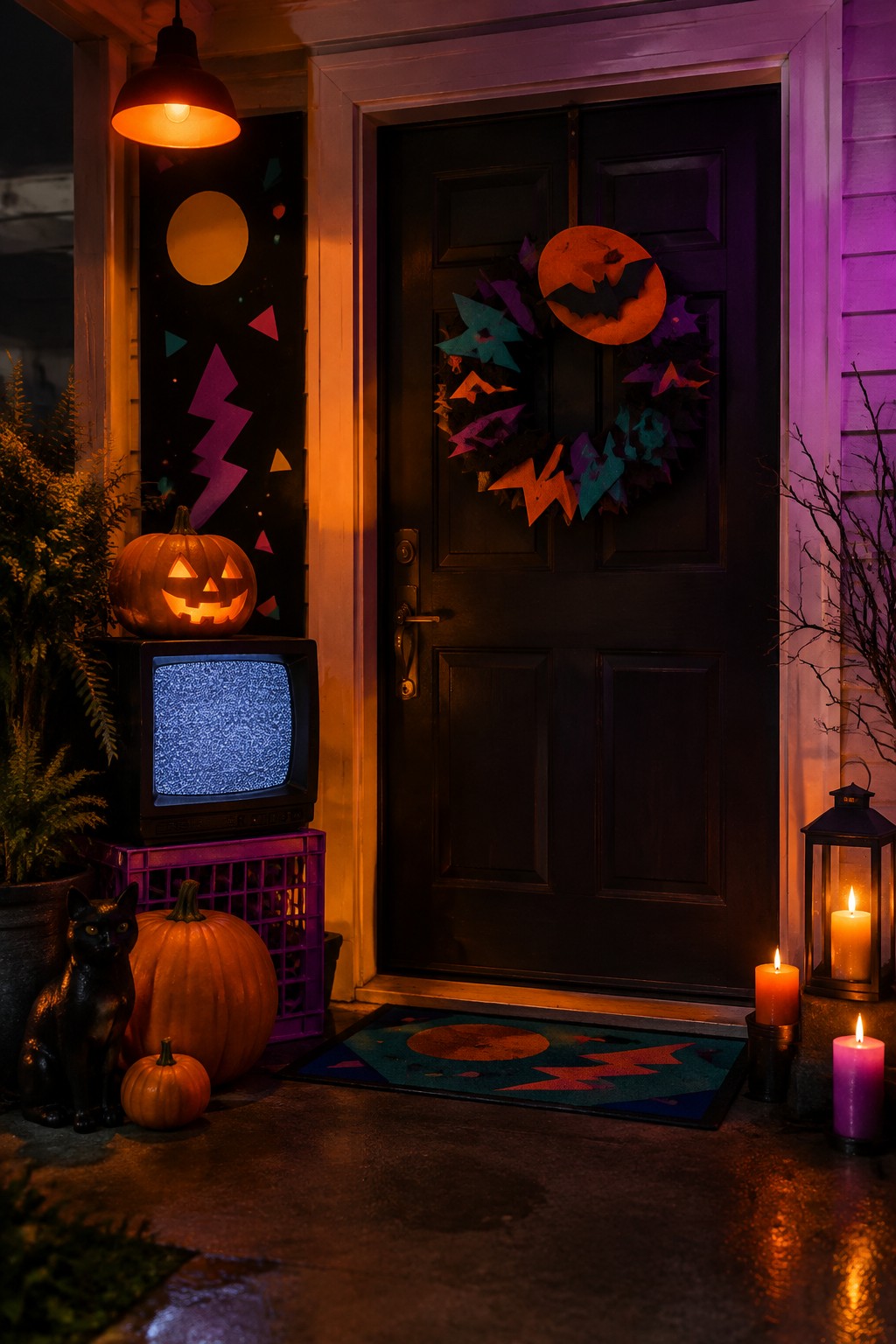 Front door with a colorful 90s-style Halloween wreath featuring bats and lightning bolts, next to a vintage television showing static and a carved pumpkin on a purple crate.